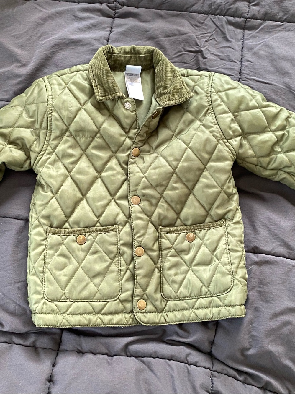 Quilted Olive Green Kids Puffer Jacket with Corduroy Collar